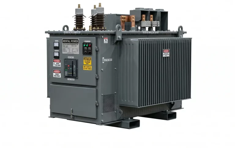 Industrial portable transformer rental unit with steel enclosure and high voltage terminals for temporary power applications