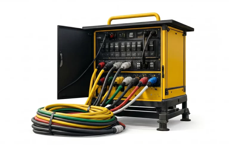 Portable industrial power distribution panel with multiple breakers and heavy cables on an active commercial jobsite with workers in safety gear